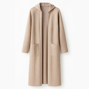 Textured beige hooded duster, neutral layering piece, outerwear.